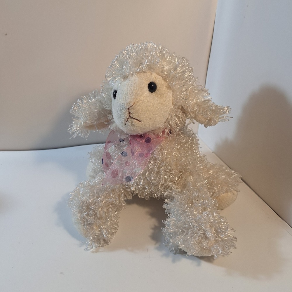 "Applause" Shaggy Cream Lamb/Sheep Plush- Easter Stuffed‎ Animal Russ Pink Bow